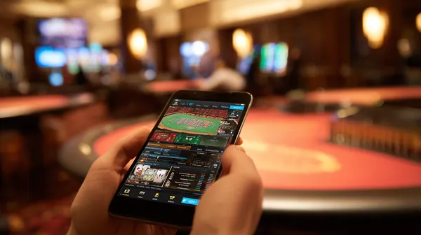 A young woman relaxing with her phone while dynamic casino elements float around her, illustrating the smooth mobile experience offered by the SPINARA app.