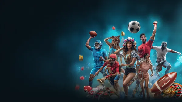 A man celebrating a winning moment on his laptop while gaming symbols float around him, capturing the excitement of SPINARA games.